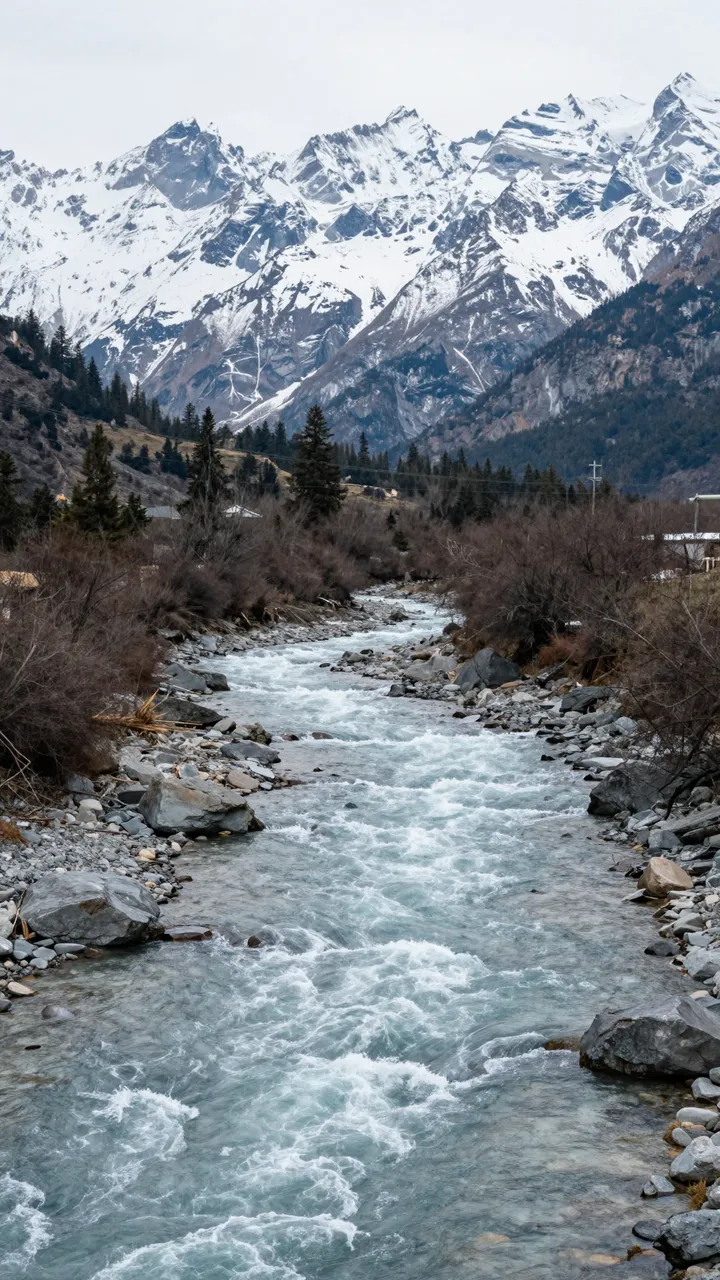 A fast flowing rocky turquoise mountain river leads toward tall snow covered alpine peaks under an overcast sky