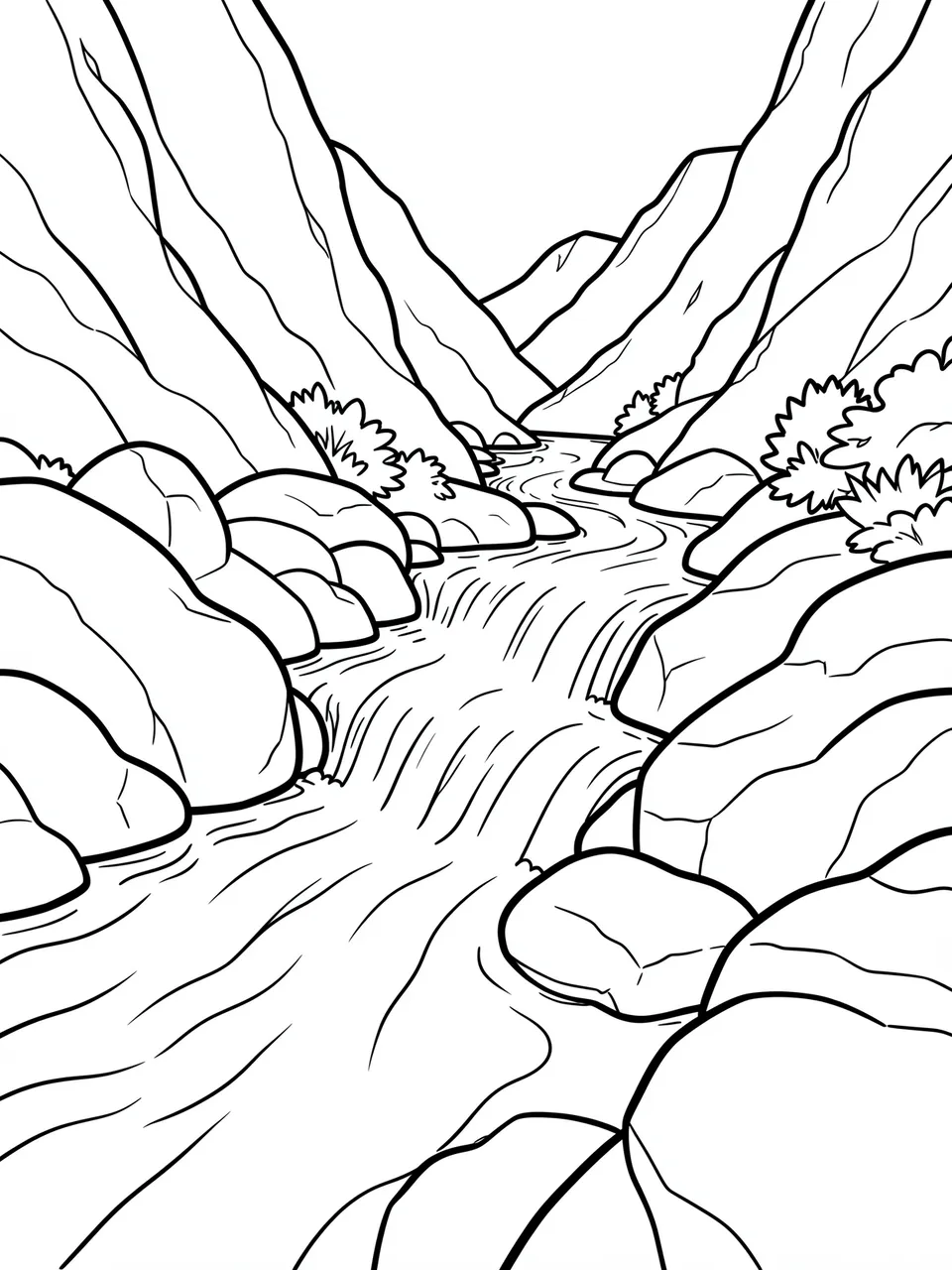 Bold black and white line art of a tumbling mountain stream flowing over smooth boulders