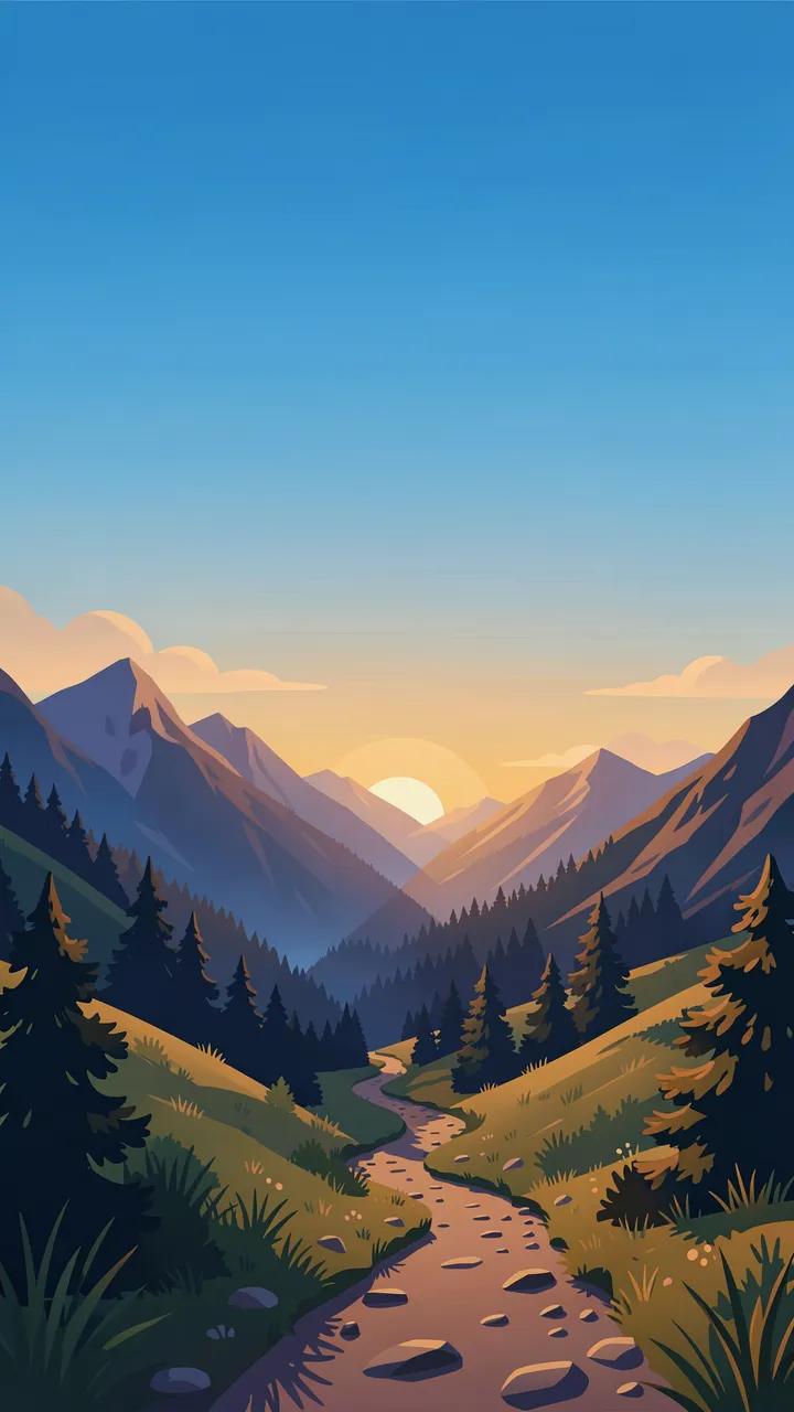 Vertical flat vector illustration of a rocky mountain valley trail at sunrise with an empty gradient blue sky above