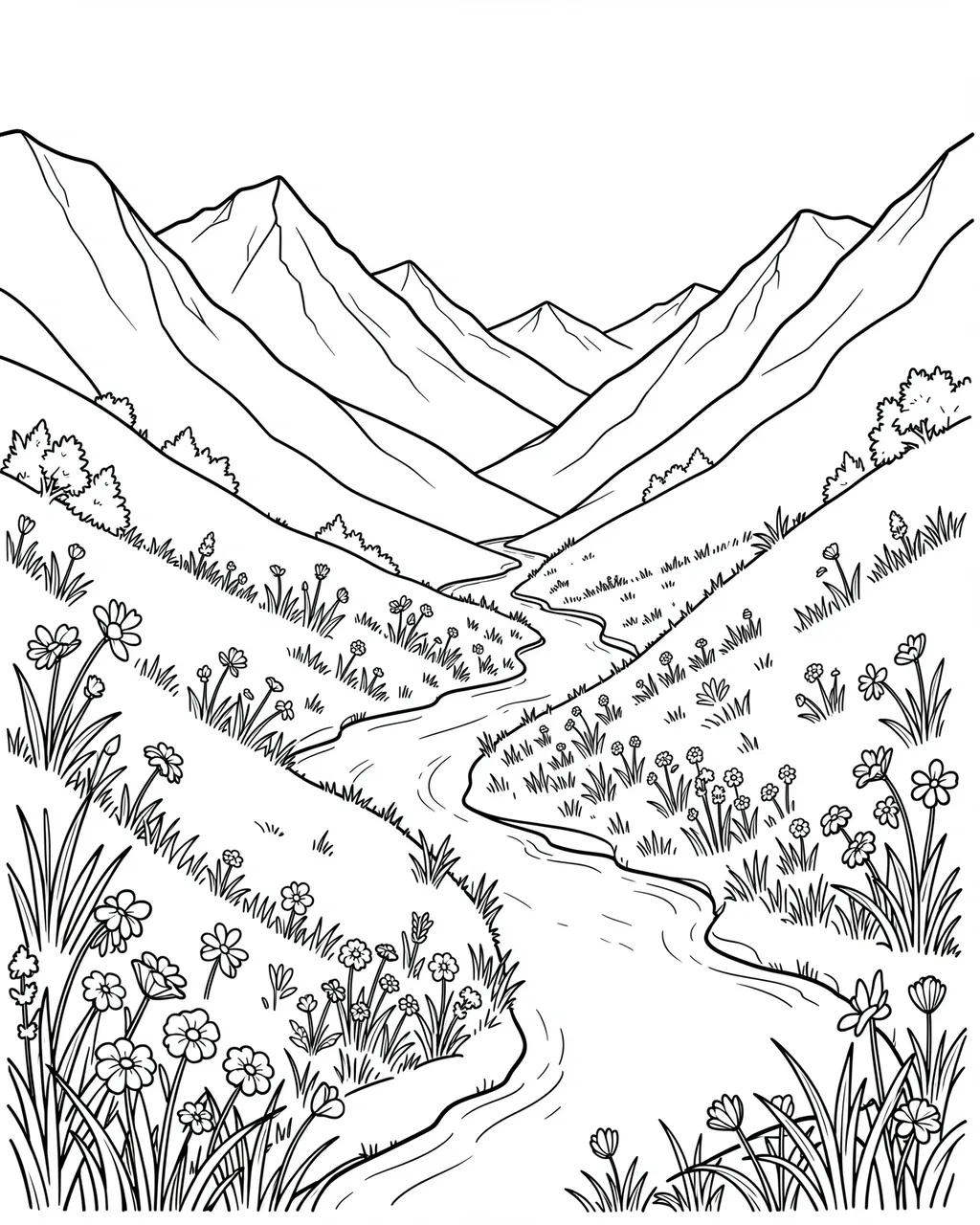 Black and white line art of a winding river flowing through a wildflower-covered mountain valley