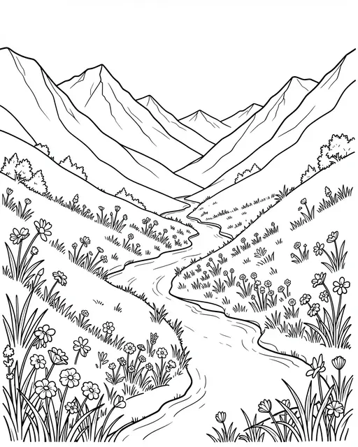 Black and white line art of a winding river flowing through a wildflower-covered mountain valley