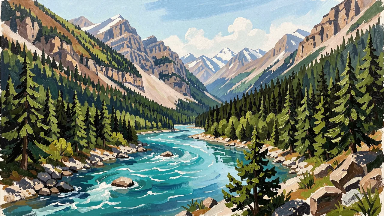 Gouache landscape of a turquoise winding river running through a pine forest mountain valley with snow-capped peaks
