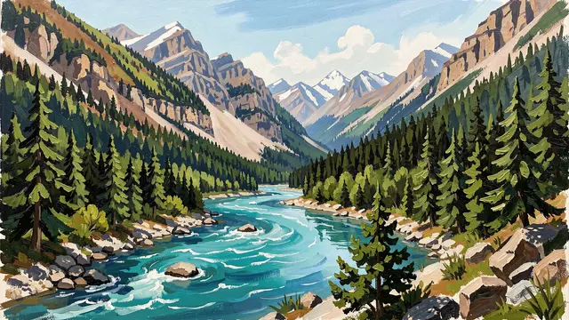 Gouache landscape of a turquoise winding river running through a pine forest mountain valley with snow-capped peaks