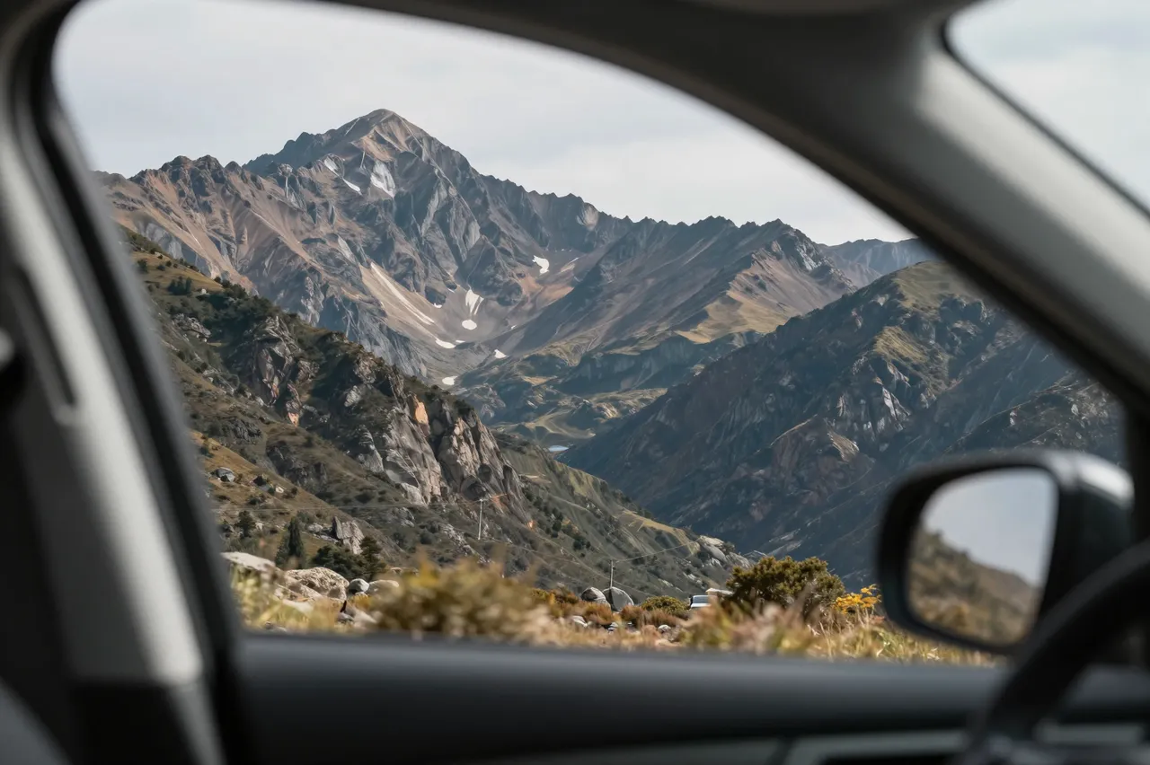 Rugged alpine mountains are visible through the side window of a parked car on a road trip