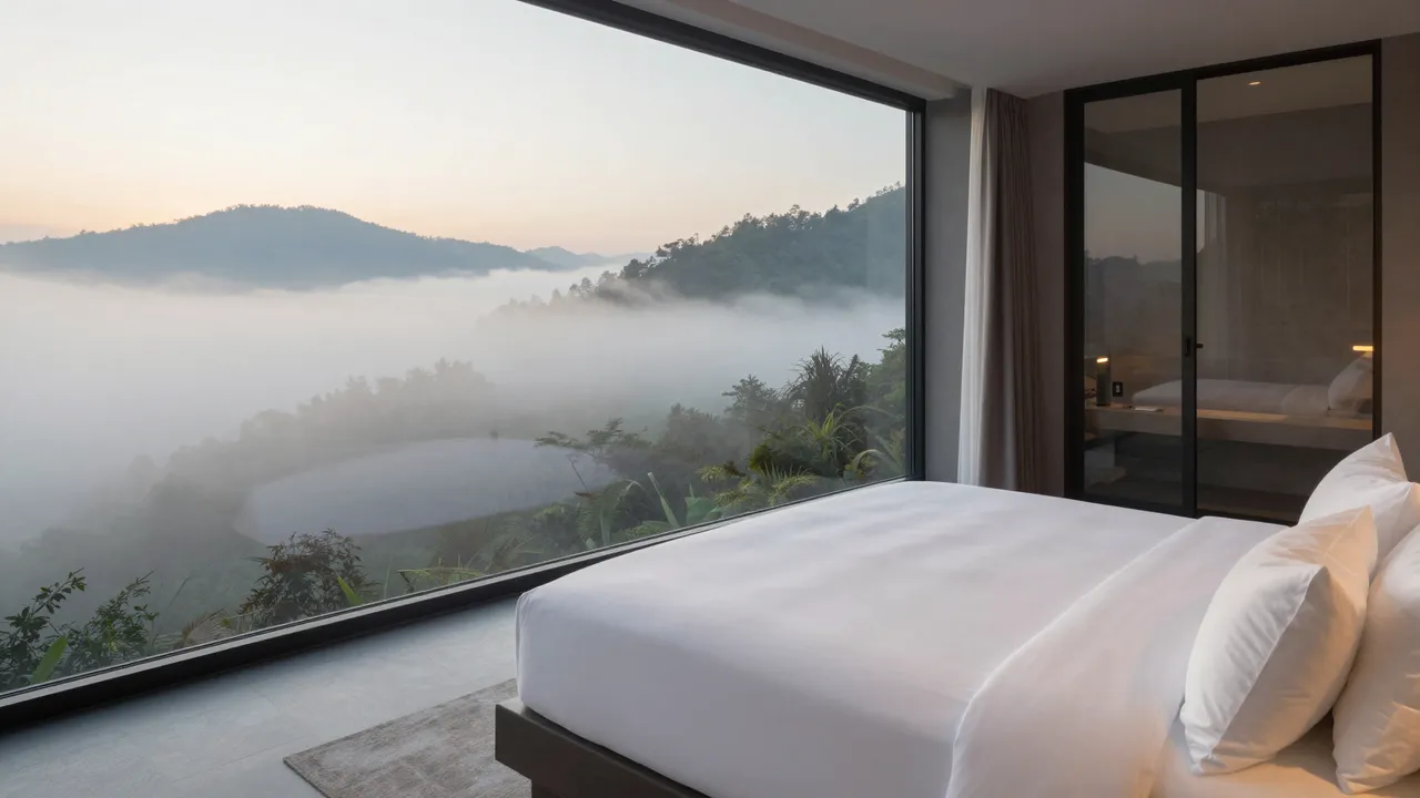 Modern hotel suite bedroom with white linen bed overlooking foggy valley at soft sunrise