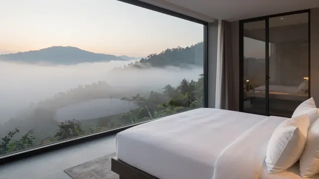 Modern hotel suite bedroom with white linen bed overlooking foggy valley at soft sunrise