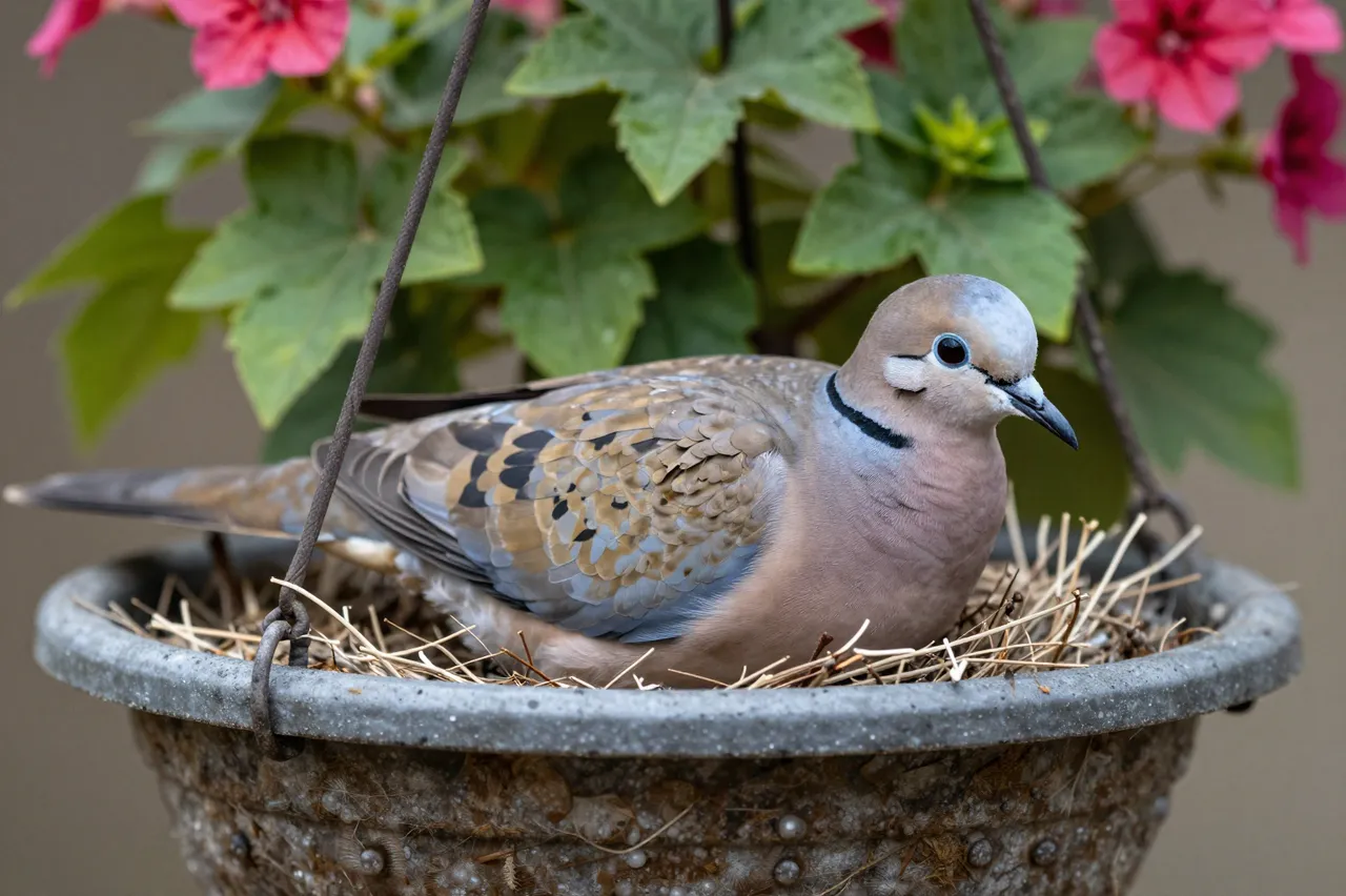 A mourning dove sits on a straw nest inside a hanging flower basket with pink blooms and green foliage.