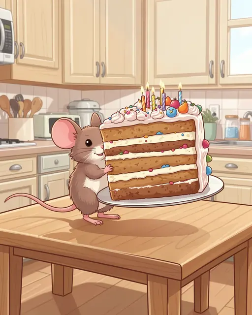 Cute illustrated mouse holds a large decorated birthday cake slice on a plate atop a kitchen table