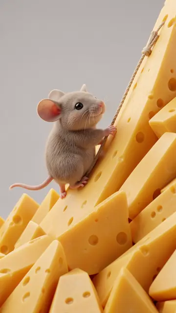 A fluffy chubby mouse climbs a stack of Swiss cheese wedges holding a thin rope against a plain gray background
