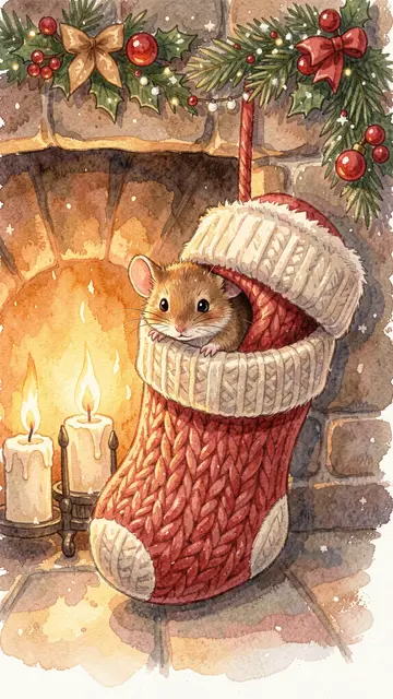 A cute little mouse peeks out of a knit Christmas stocking by a candlelit stone hearth in a watercolor illustration