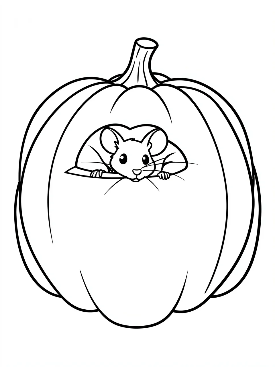 Black and white line art of a small mouse peeking out of a hole in a large carved pumpkin on a plain white background