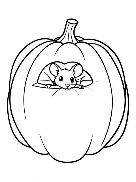 Black and white line art of a small mouse peeking out of a hole in a large carved pumpkin on a plain white background