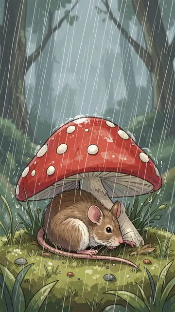 A small brown mouse curls under a spotted red fly agaric mushroom during a misty forest rainstorm