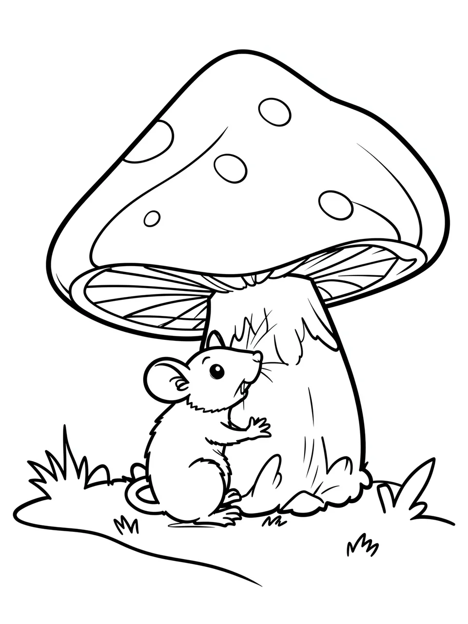 A simple bold black line art drawing of a little mouse sitting next to a large spotted mushroom on grass, for a coloring