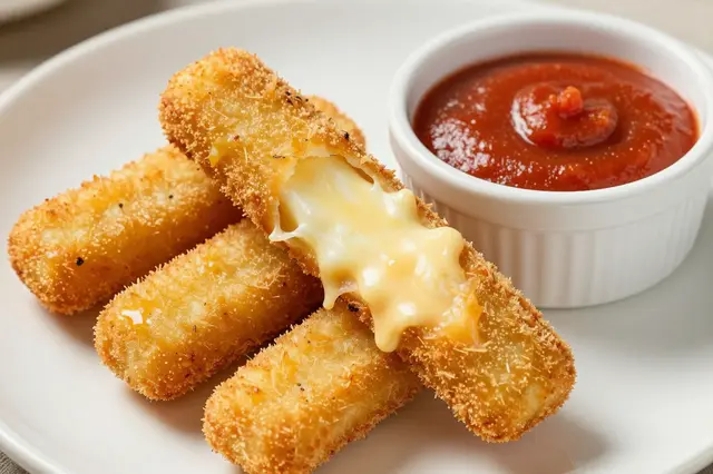 Crispy breaded mozzarella sticks with oozing cheese pull sit next to a ramekin of red marinara dip on a white plate