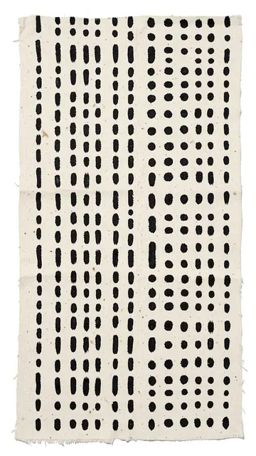 Hand-painted black vertical rows of dashes and dots on frayed off-white woven mud cloth