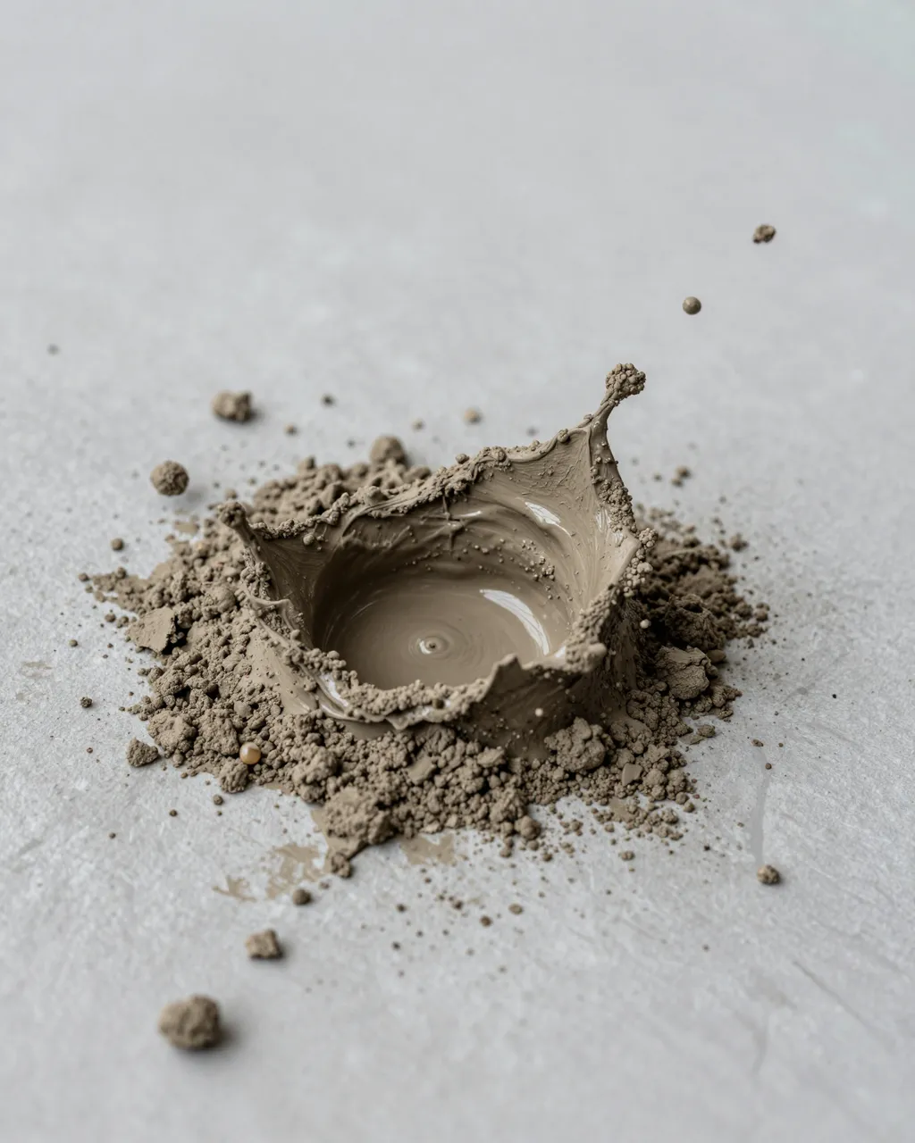 A dynamic crown-shaped wet mud splash rests on a pale gray matte surface with small suspended mud particles
