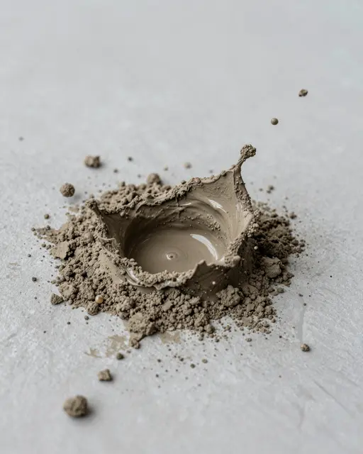 A dynamic crown-shaped wet mud splash rests on a pale gray matte surface with small suspended mud particles
