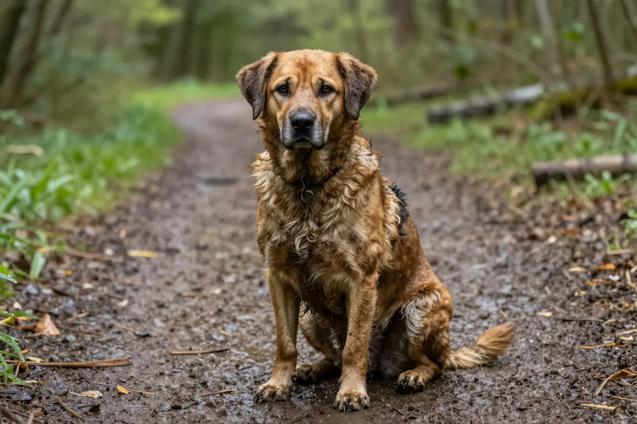A wet, muddy tan dog sits calmly on a damp forest dirt path after rain