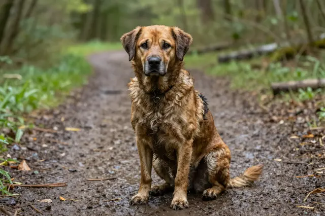 A wet, muddy tan dog sits calmly on a damp forest dirt path after rain