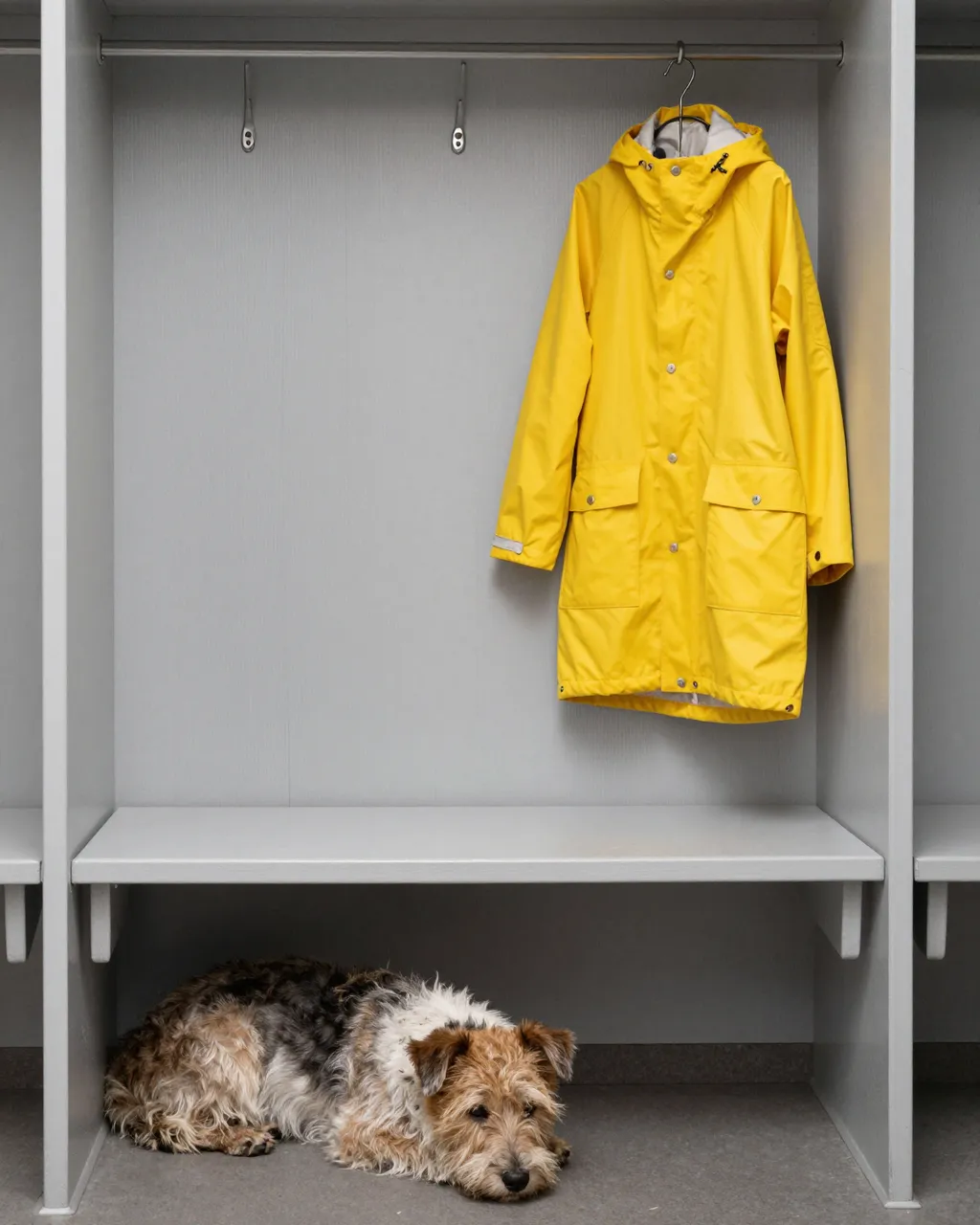 A scruffy terrier rests beneath a bench inside a gray mudroom locker next to a hanging yellow raincoat