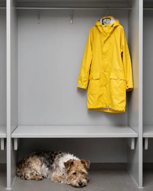 A scruffy terrier rests beneath a bench inside a gray mudroom locker next to a hanging yellow raincoat