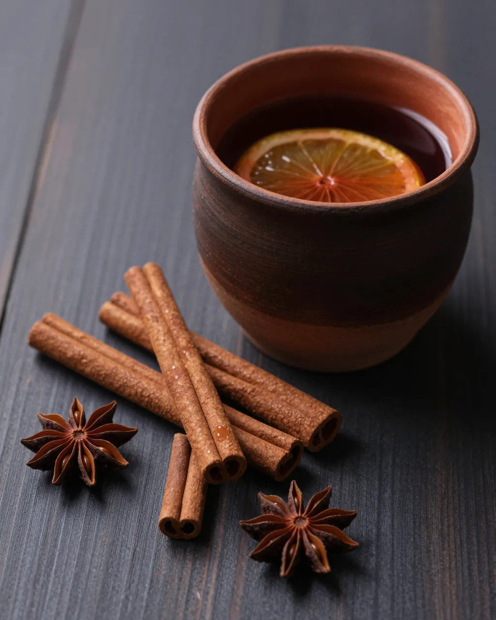 A clay cup of mulled cider sits with cinnamon sticks and star anise on dark wood