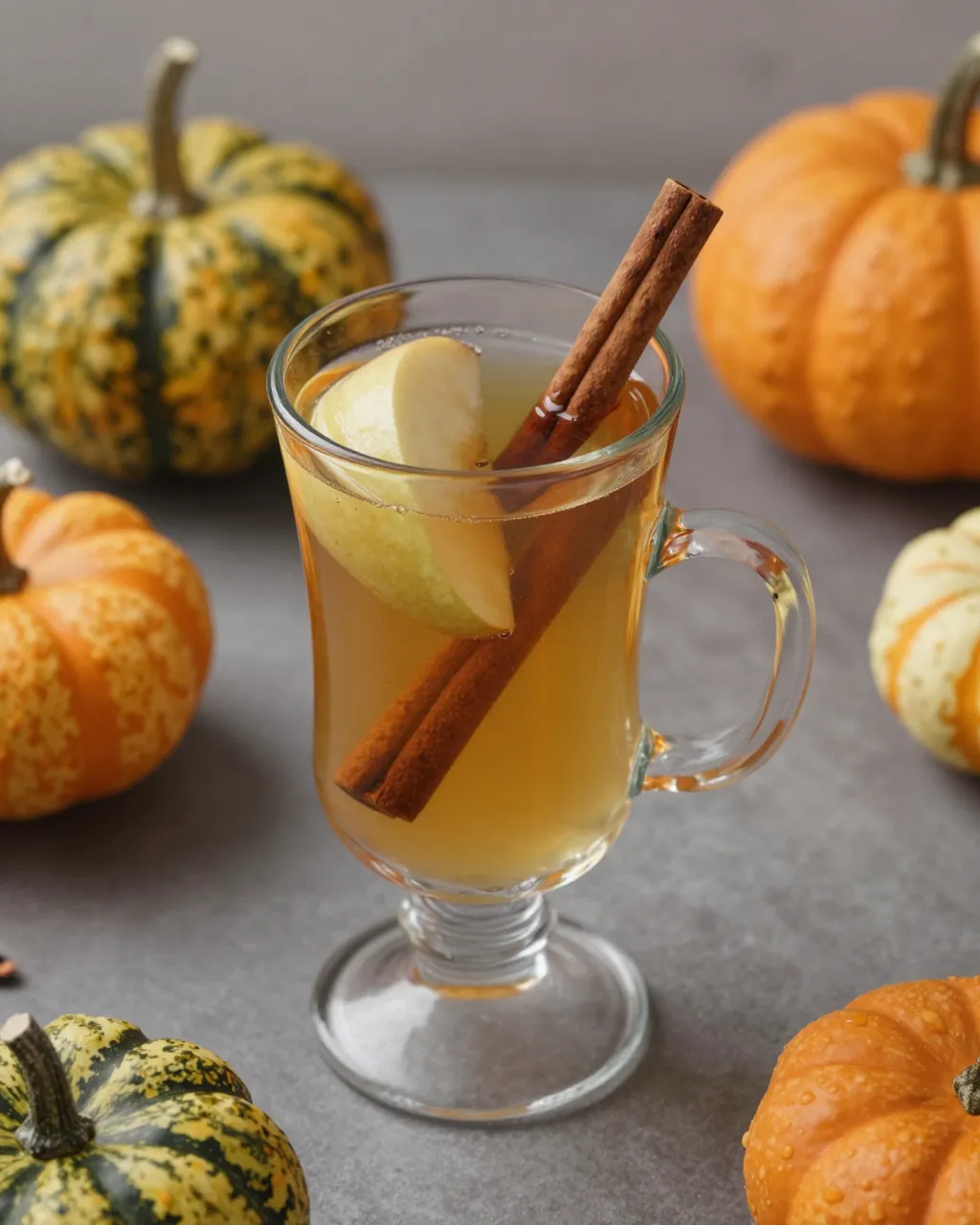 A glass mug of spiced apple cider with cinnamon sticks and an apple wedge surrounded by small decorative gourds on a gray