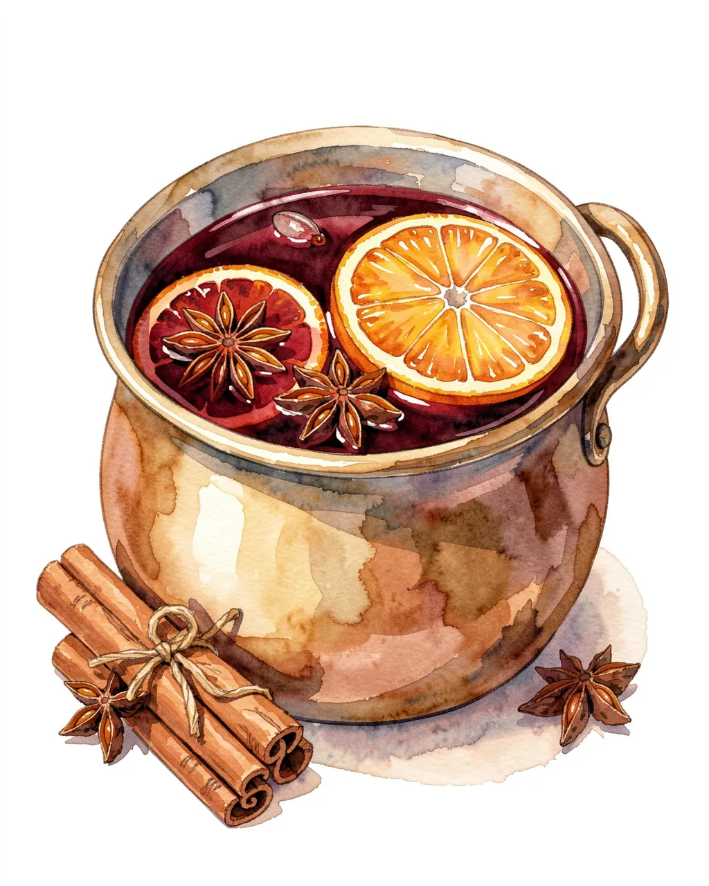 Watercolor illustration of a brass pot of mulled wine with orange slices, star anise and cinnamon sticks