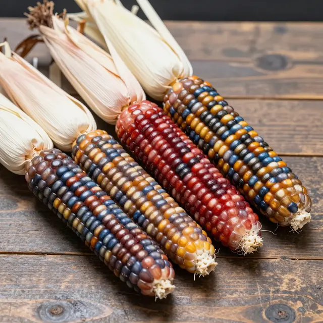 Several multicolored flint corn cobs rest on a weathered rustic wooden table.