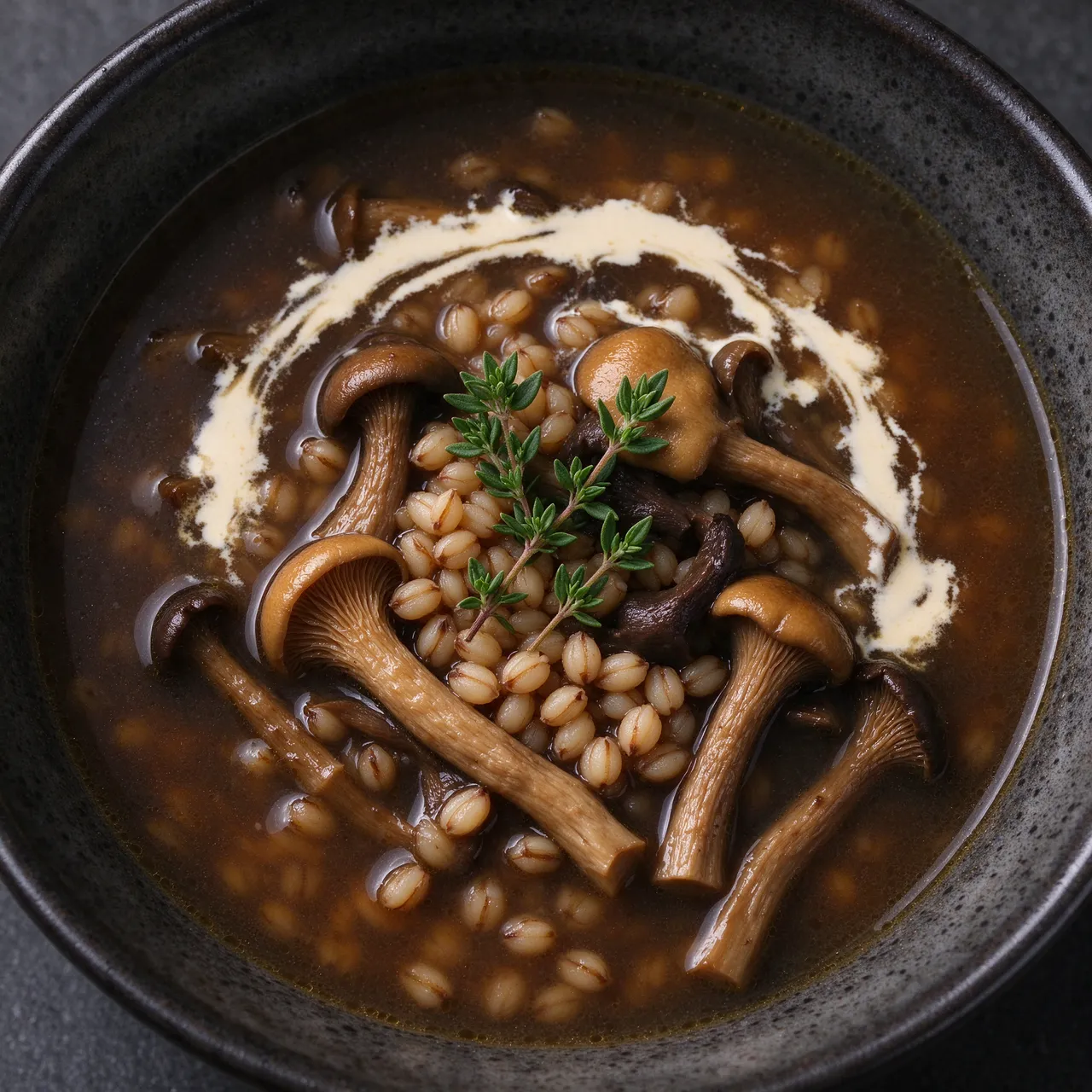 Overhead close-up of mushroom barley soup topped with wild mushrooms, thyme, and cream in a dark stoneware bowl
