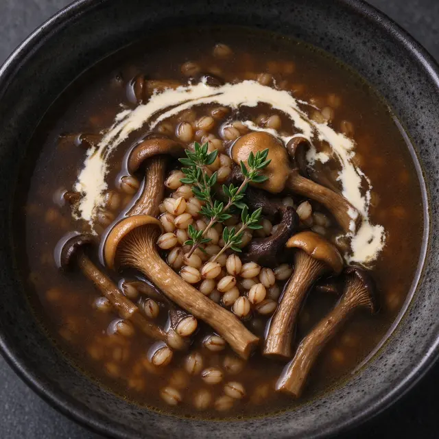 Overhead close-up of mushroom barley soup topped with wild mushrooms, thyme, and cream in a dark stoneware bowl