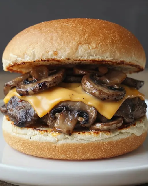 A close-up view of a stacked mushroom cheese burger served on a white plate