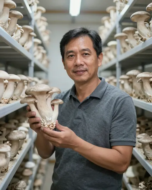 Middle aged Southeast Asian man holds a cluster of oyster mushrooms between shelving in his indoor grow room.
