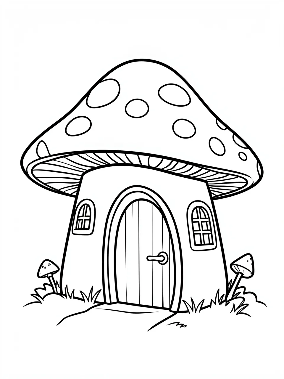 Black and white line art of a whimsical mushroom house with a curved door and small windows on a white background