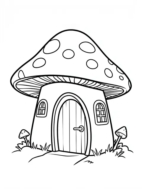 Black and white line art of a whimsical mushroom house with a curved door and small windows on a white background