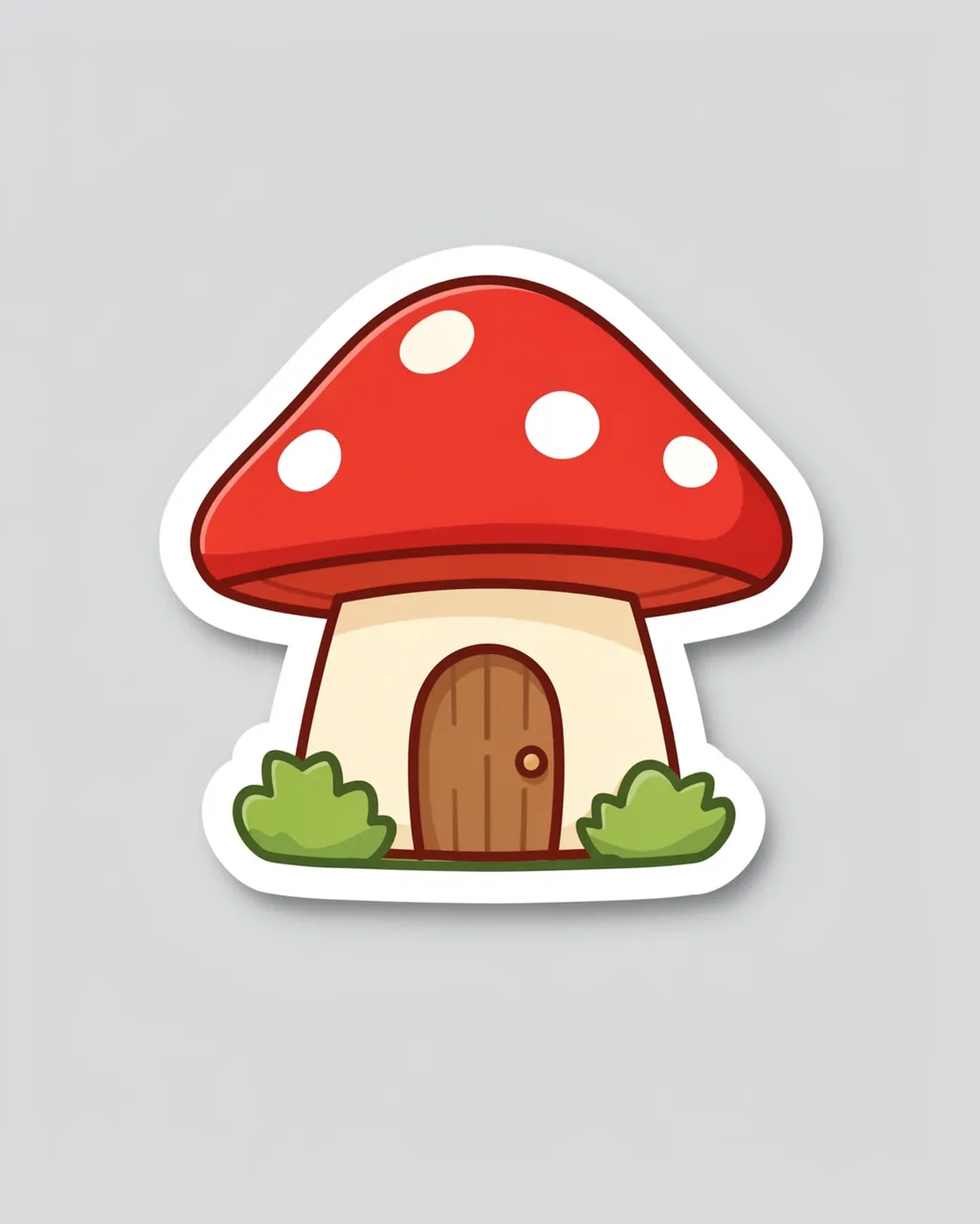 A cute die-cut sticker of a spotted mushroom house with a wooden door on a light gray background
