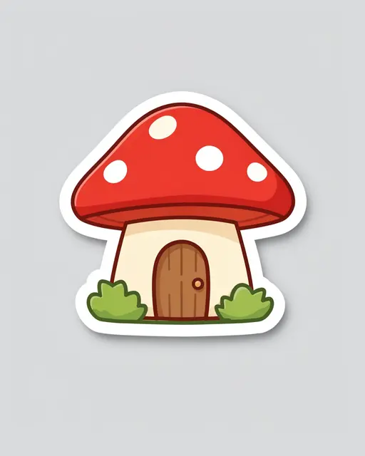 A cute die-cut sticker of a spotted mushroom house with a wooden door on a light gray background