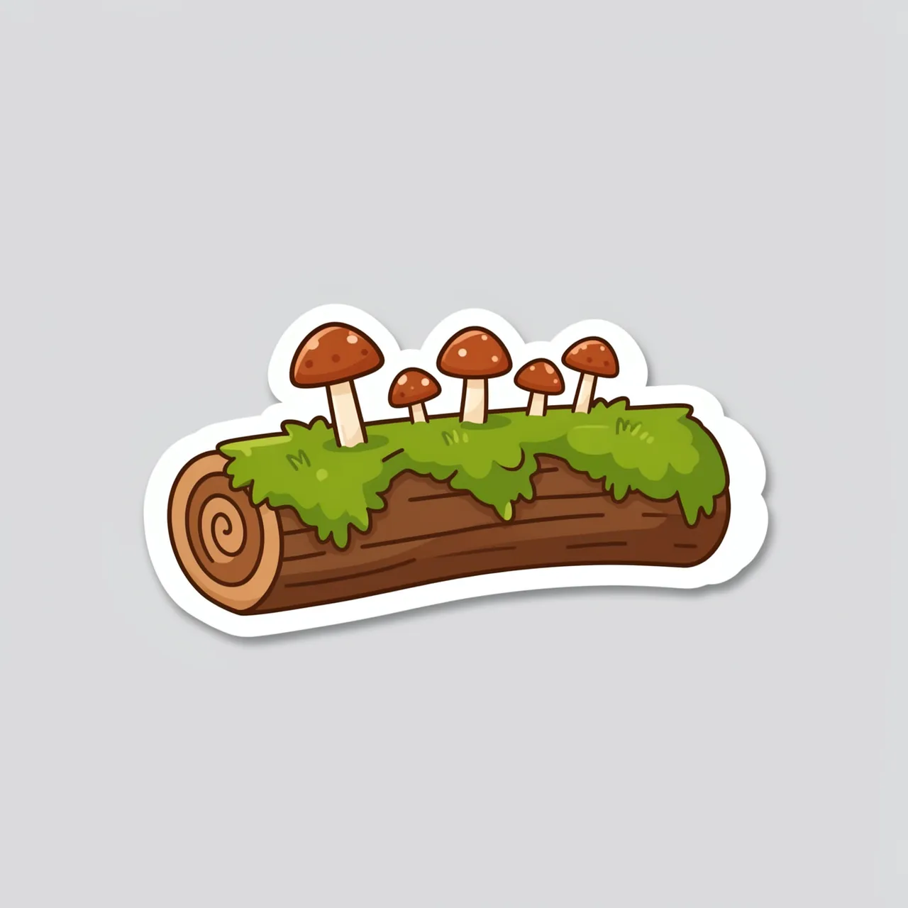 Flat cute die cut sticker illustration of brown mushrooms growing on a mossy log with a thick white border on a light gray