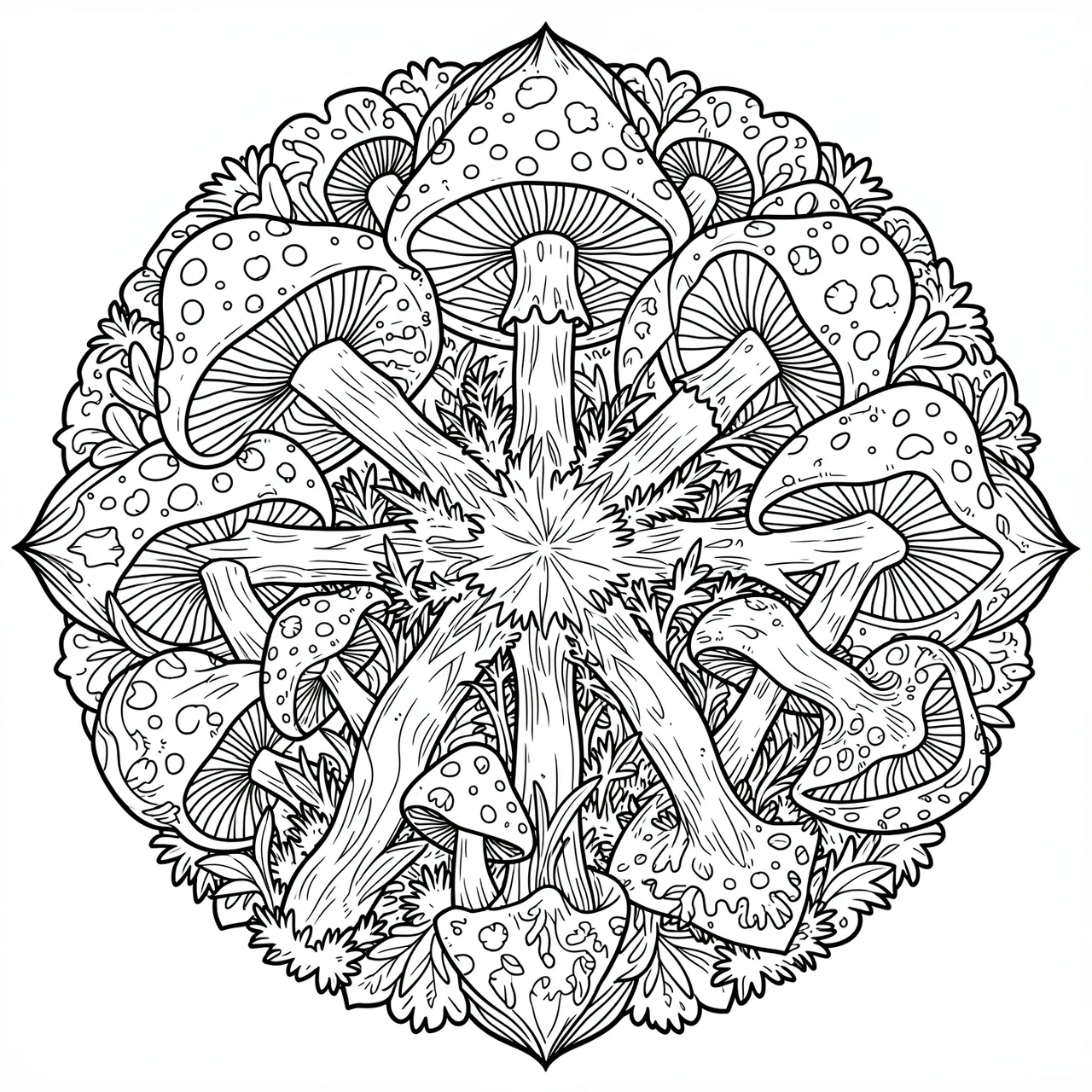 Black and white intricate line art mandala of toadstools and moss on a plain white background