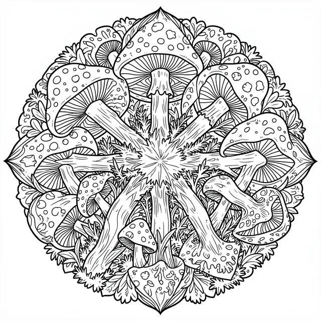 Black and white intricate line art mandala of toadstools and moss on a plain white background