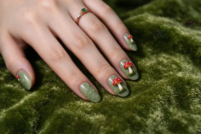 A woman's hand with sage green mushroom nail art rests on soft moss green velvet