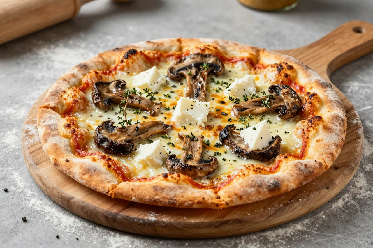 Fresh wild mushroom pizza topped with thyme and cheese sits on a floured wooden pizza peel over a gray countertop.