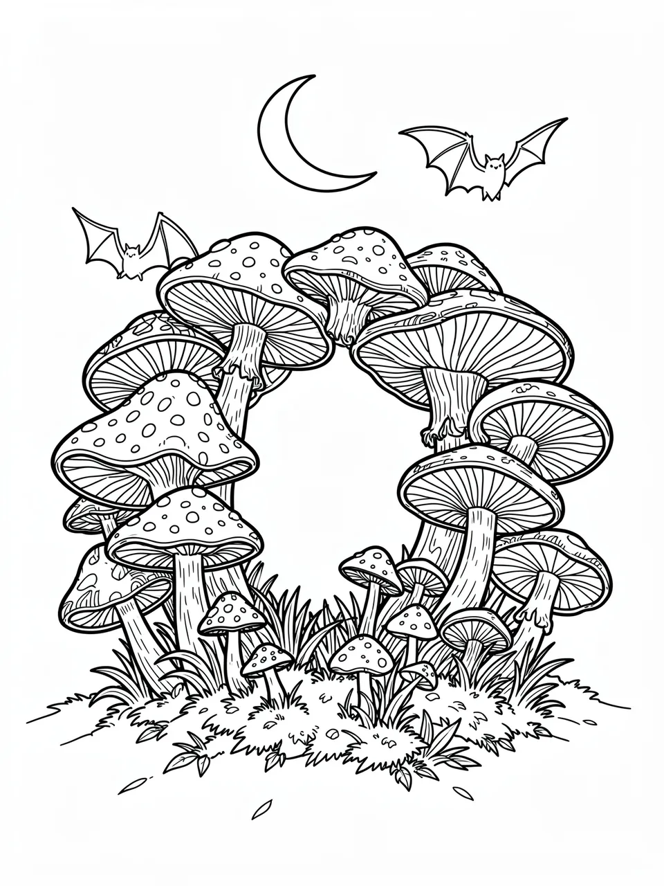 Black and white line art of an intricate mushroom ring, two bats, and a crescent moon on a white background