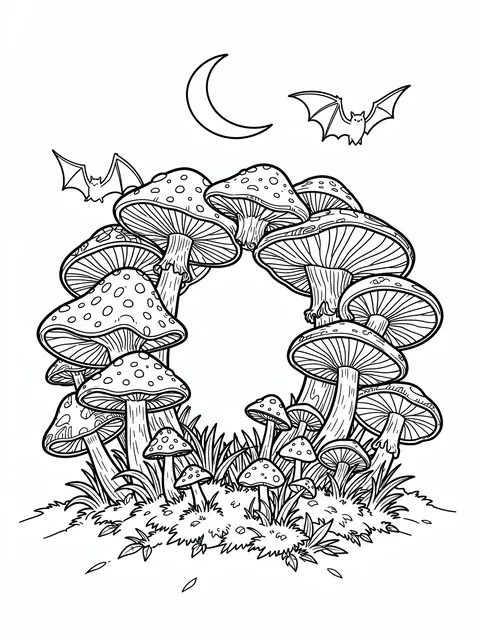 Black and white line art of an intricate mushroom ring, two bats, and a crescent moon on a white background
