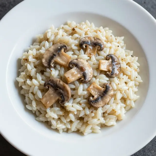 Top down view of creamy mushroom risotto with sliced button mushrooms in a white bowl on a dark surface