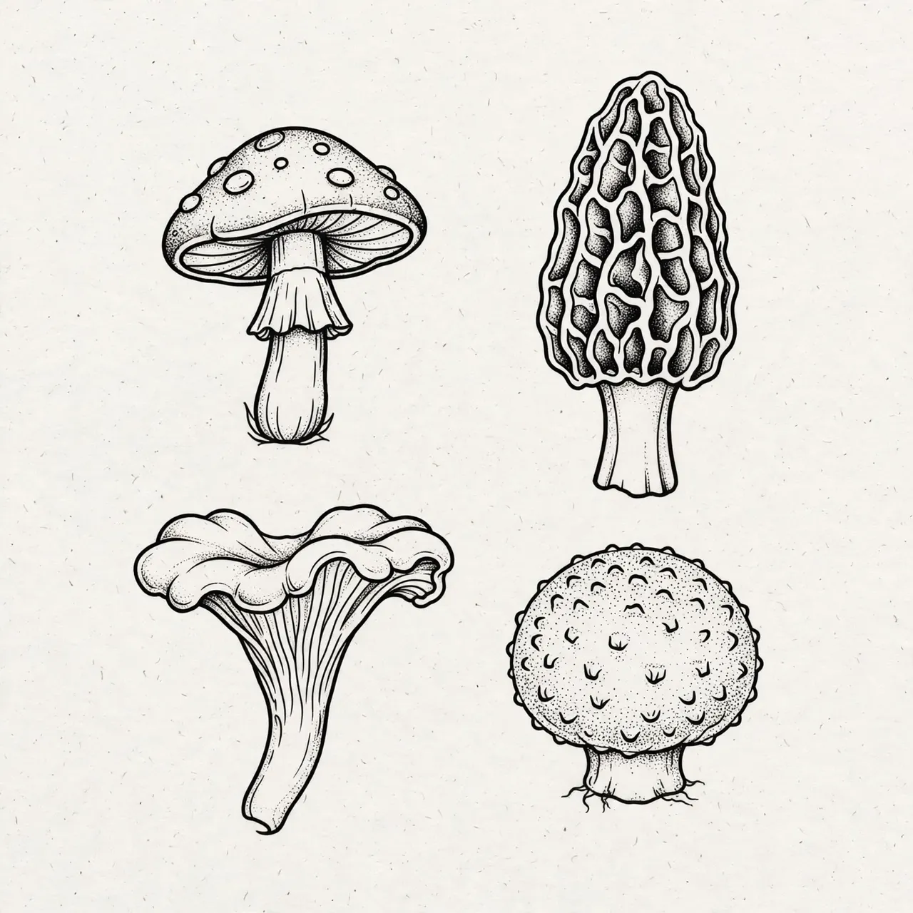 Black ink illustration of four distinct mushrooms arranged on a light textured paper background