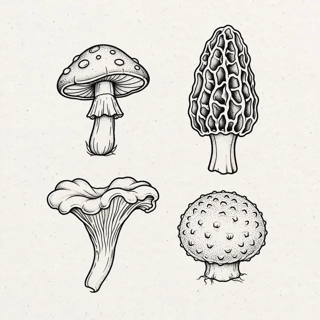 Black ink illustration of four distinct mushrooms arranged on a light textured paper background
