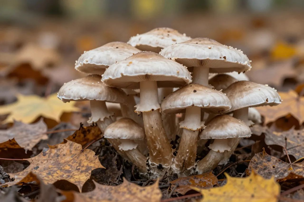 A dense cluster of pale capped mushrooms grows among fallen autumn maple leaves on a forest floor