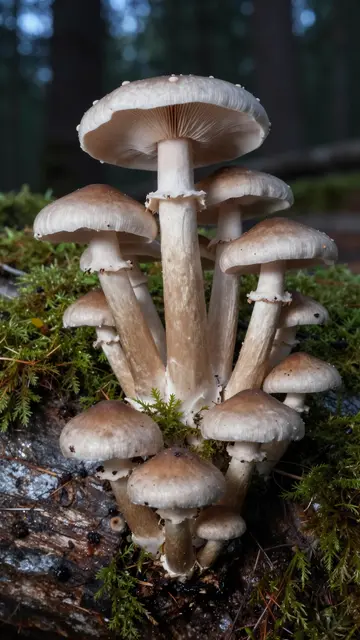 Cluster of brown capped mushrooms grows on a mossy rotting log in a dark forest at dusk